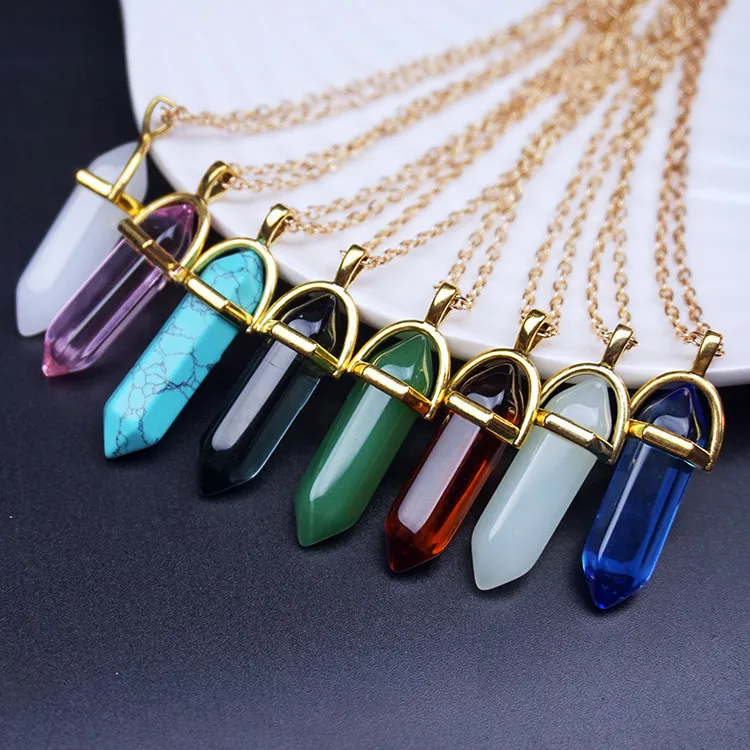 Necklace Pendants Healing Crystals Natural Fluorite Gems Stones Hexagonal Crystal Pointed Healing Reiki Chakra Pendant Beads Necklaces