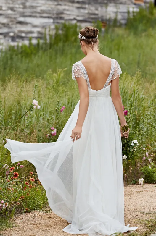 2015 Lihi Hod Wedding Dress V Neck Short Sleeve Low Back Pearls Beading Sequins Lace Chiffon Beach Boho Bohemian Wedding Gowns