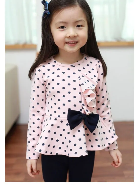 아기 소녀 봄 복장 폴카 도트 긴 소매 티셔츠 활 + 바지 아이들이 아이들을 세트 사랑스러운 귀여운 복장 C-5