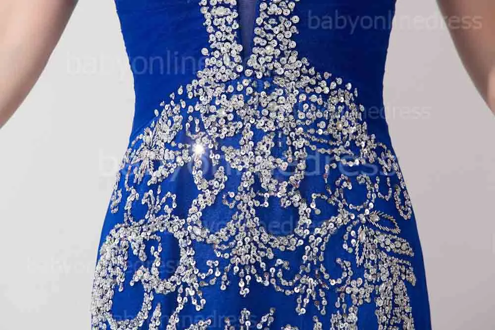 Shede Mermaid Royal Blue Tulle Prom Avondjurk 2015 Off Shoulder Formal Party-jurken met unieke kralen pailletten Elegantnew jurken BZP0436