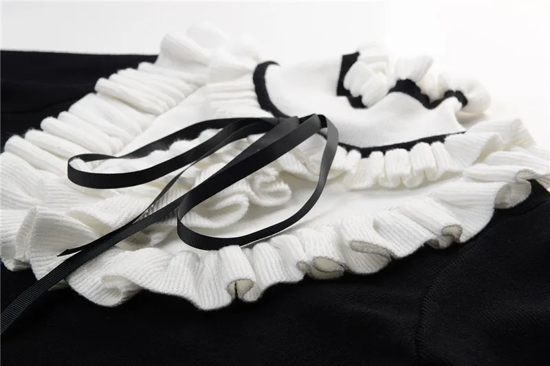 2018 Black White Patchwork Stand Long Sleeves Long Pullover Women Brand Same Style Ruffles Bow Knitting Long Dresses Women 110104