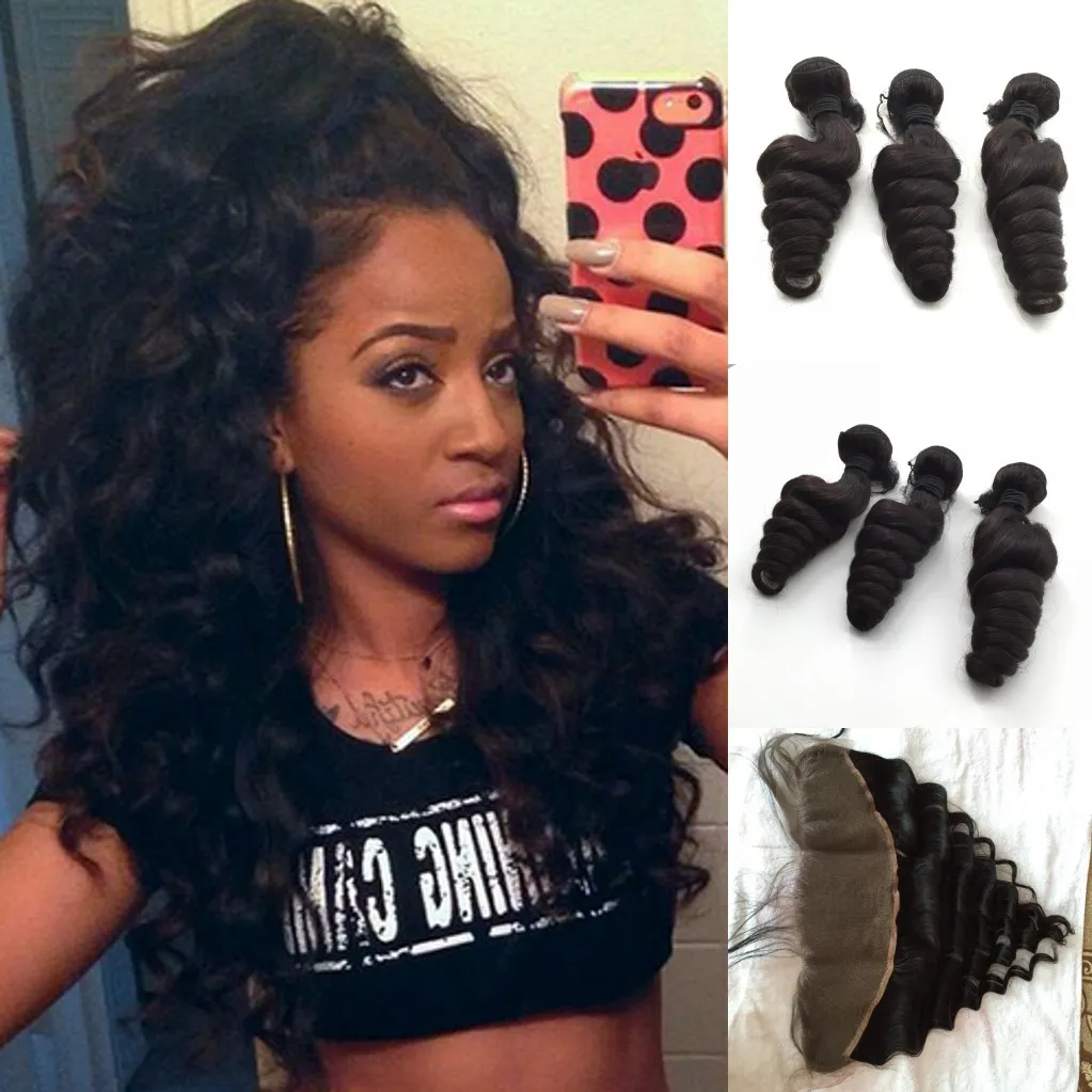 Brazilian Peruvian Malaysian Indian Loose Wave Human Hair Weave Cheap Loose Curl Remy Hair Extensions 3 Bundles with Lace Frontal Closure