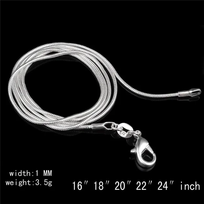 Toppkvalitet 925 Sterling Silver Snake Chain Halsband 1mm 16-24Inches Fashion Smycken Fabrikspris Gratis frakt