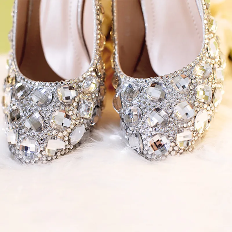 Sapatos de Casamento de prata Clara Plataforma De Strass Dedo Do Pé Fechado 3 