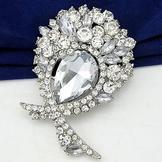 Vintage Posrebrzane Oszałamiające Diamante Big Bow Brooch Elegancki Duży Waterdrop Szkło Kryształ Bling Bling Ogromne Piny Broszki