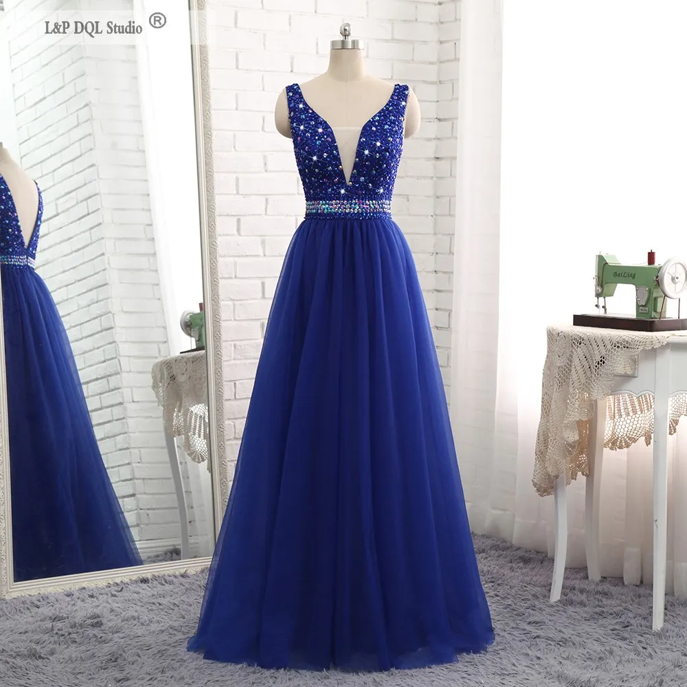 Stunning Royal Blue Evening Dresses Scoop V-Neck Sparkling Beads Sequins Crystal Top Pleats Soft tulle Skirt Prom Dress Real Pictures