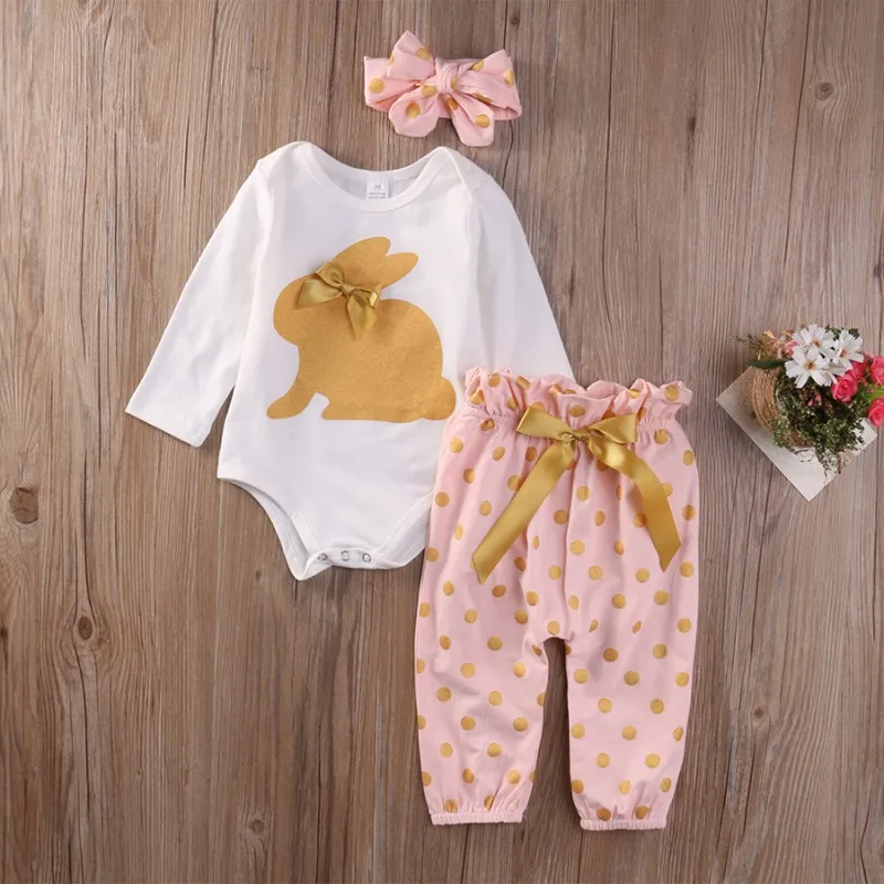 Cute Kids Clothes Newborn Baby Girls Clothing Headband Rabbit Romper Polka Dot Pants Trousers Infant Outfits Children Clothes Set 0-18M