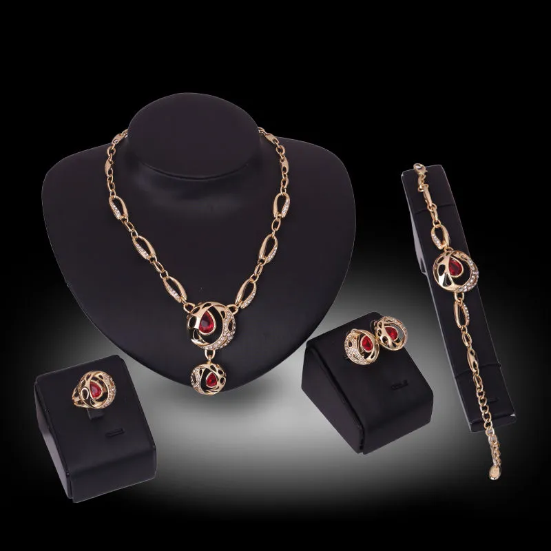 Mode kvinnor 18k guldpläterad rhinestone ruby ​​halsband örhängen armband ring brud kostym fest smycken set