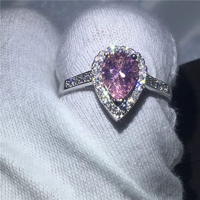 Jóias artesanais de Prata Esterlina 925 anéis de noivado de casamento para as mulheres Pear corte 3ct Rosa 5A cristal de zircão Bijoux