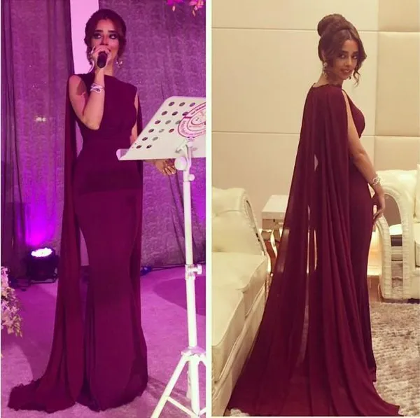 New Burgundy Evening Dresses Formal Party Wear with Cape Shawl Mermaid Prom Gowns Bateau Vintage Maroon Cheap High Quality Dress