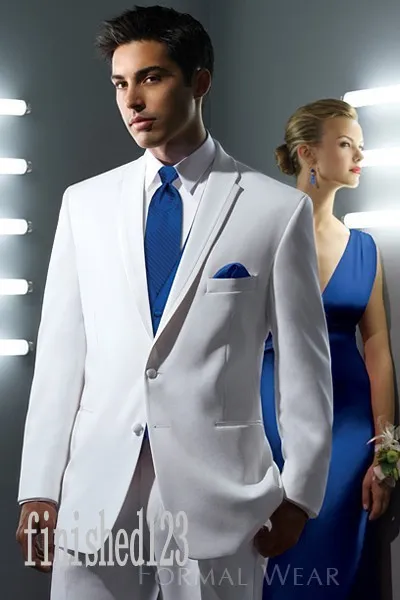 Fashionable Two Button White Groom Tuxedos Notch Lapel Groomsmen Best Man Wedding Prom Dinner Suits (Jacket+Pants+Vest+Tie) G5192
