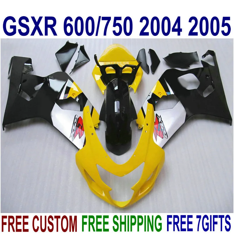 Motorcykel Fairing Kit för Suzuki GSXR600 GSXR750 2004 2005 K4 BodyKits GSX-R 600/750 04 05 Gula Silver Black Fairings Set QE34