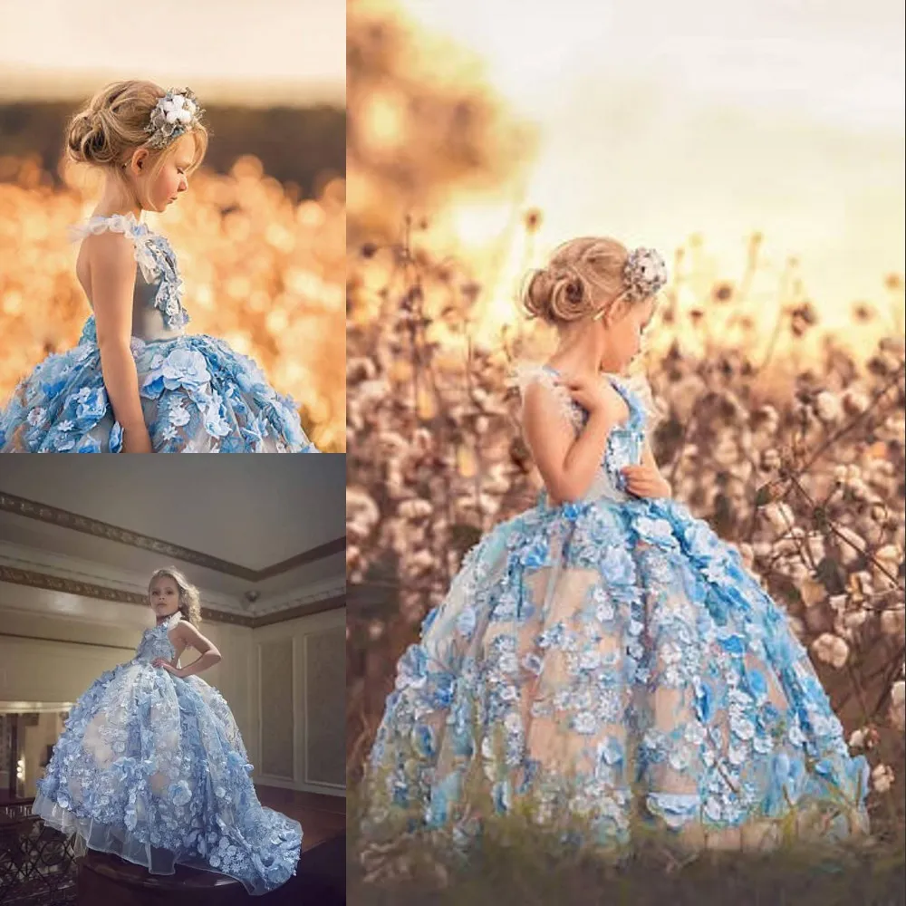 Lichtblauw Bloem Meisje Jurken Halter Hals 3D Floral Applicaties Kralen Tule Baljurken Pageant Jurk Custom Made Girls Fisrt Communion Jurk