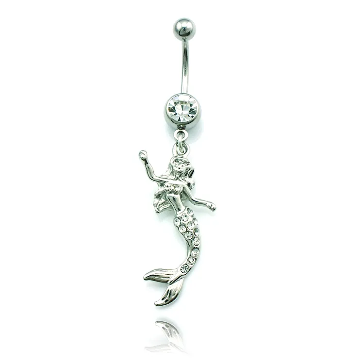 Piercing biżuteria moda pępki pierścienie ze stali nierdzewnej Barbell Dangle White Rhinestone Mermaid Belly Button Pierścienie Biżuteria