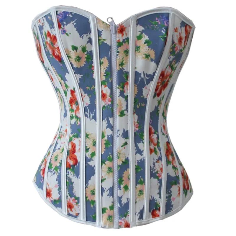 Mode féminine Multi Floral Imprimé Zip-up Avant Deux Côté Porter Réversible À Lacets Dos Corset Bustier En Plastique Désossé S-XXL Drop Ship