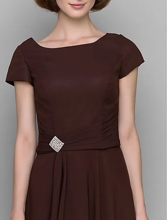 A-line Mother of the Bride Dress Chocolate Tea-length Short Sleeve Chiffon Mother's Dresses