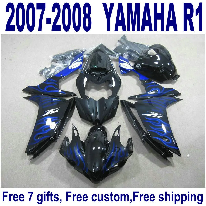 7 cadeaux carénages en plastique pour YAMAHA YZF R1 2007 2008 kit de carénage en plastique YZF-R1 07 08 flammes bleues en ensemble de moto noir YQ45