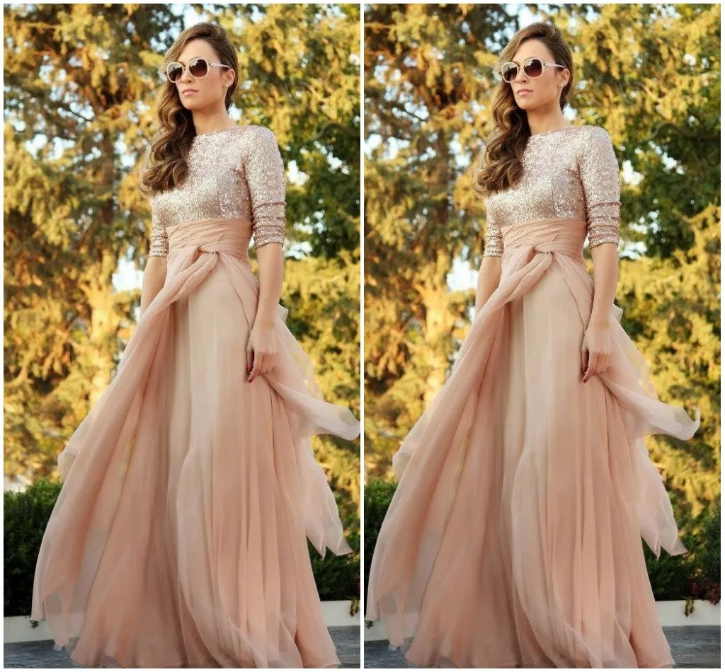 Champange Abaya Sequined Long Sleeve Evening Gowns Jalabiya Moroccan Chiffon Long Prom Dresses Arabic Party Dress BO7735