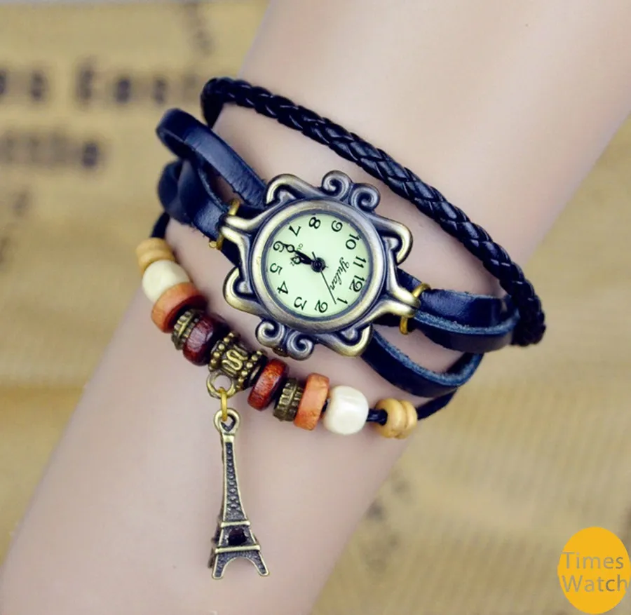 shippig gratuit gros nouvelle arrivée mode rétro perlé tressé corde bracelet wrap quartz vache en cuir montre-bracelet femmes