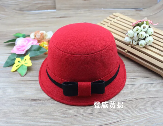 Wool bowtie spring autumn winter baby girl's fedora hats cashmere children fashion hats kids warm cap