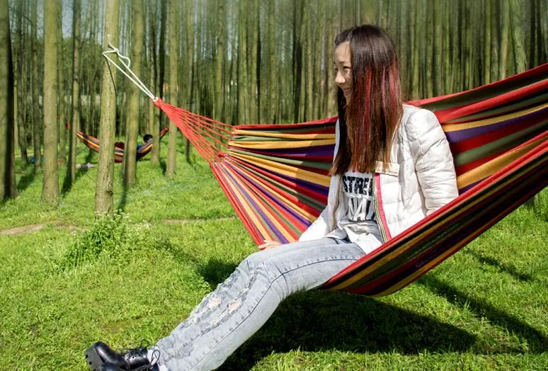 Travel Camping Canvas Hammock Outdoor Swing Garden Indoor Sleeping Rainbow Stripe Double Hammock with bag Bed 280X80cm drop shipping gift