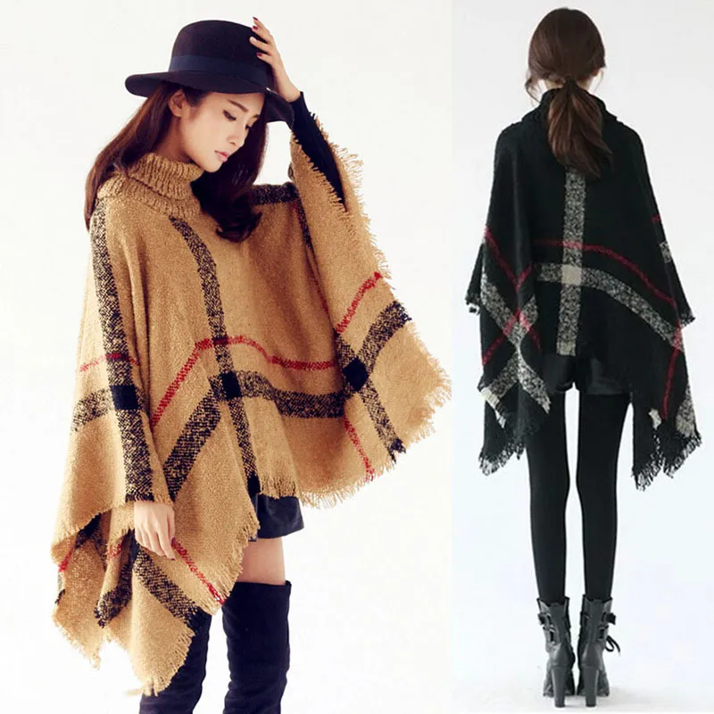 Wholesale- Women Oversized Plaid High Collar Loose Bat Sleeve Irregular Kintted Sweater Shawl Tassel Poncho Cape Coat Pullover