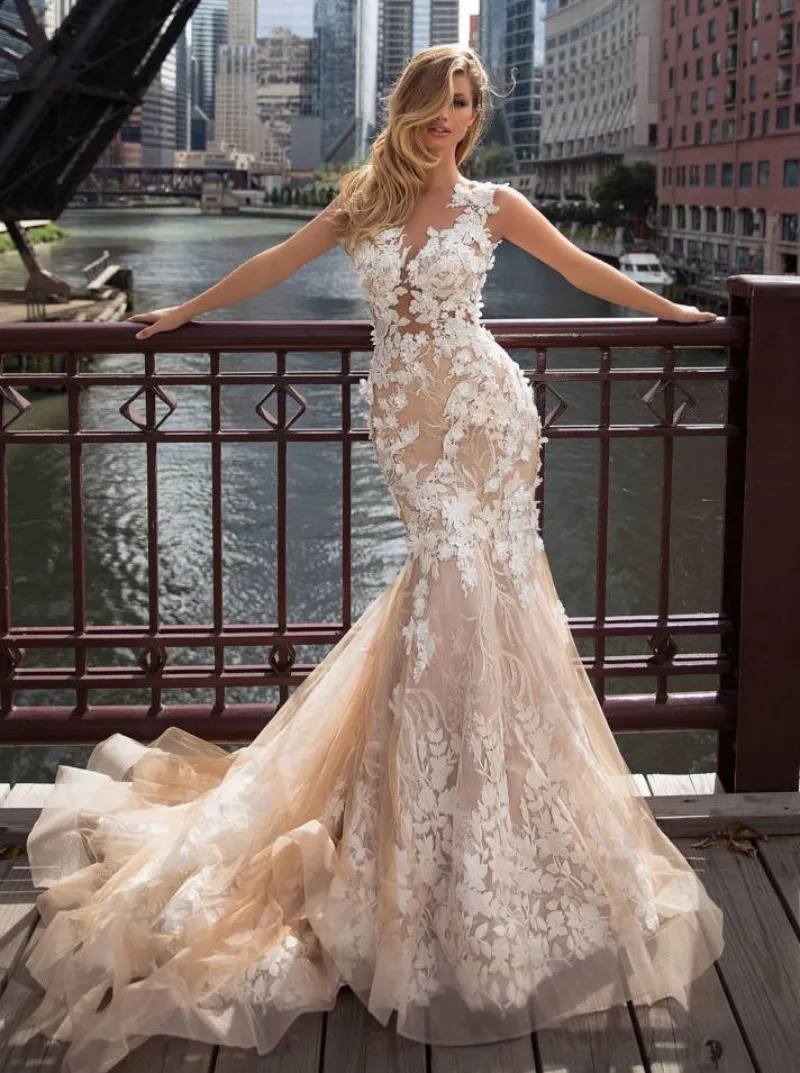 champagne mermaid wedding dress Dresses Spaghetti Strap Lace Appliqued Wedding AWD1231 and illusion chapel cutout train for unforgettable bridal elegance. Champagne Lace Mermaid Formal Dress