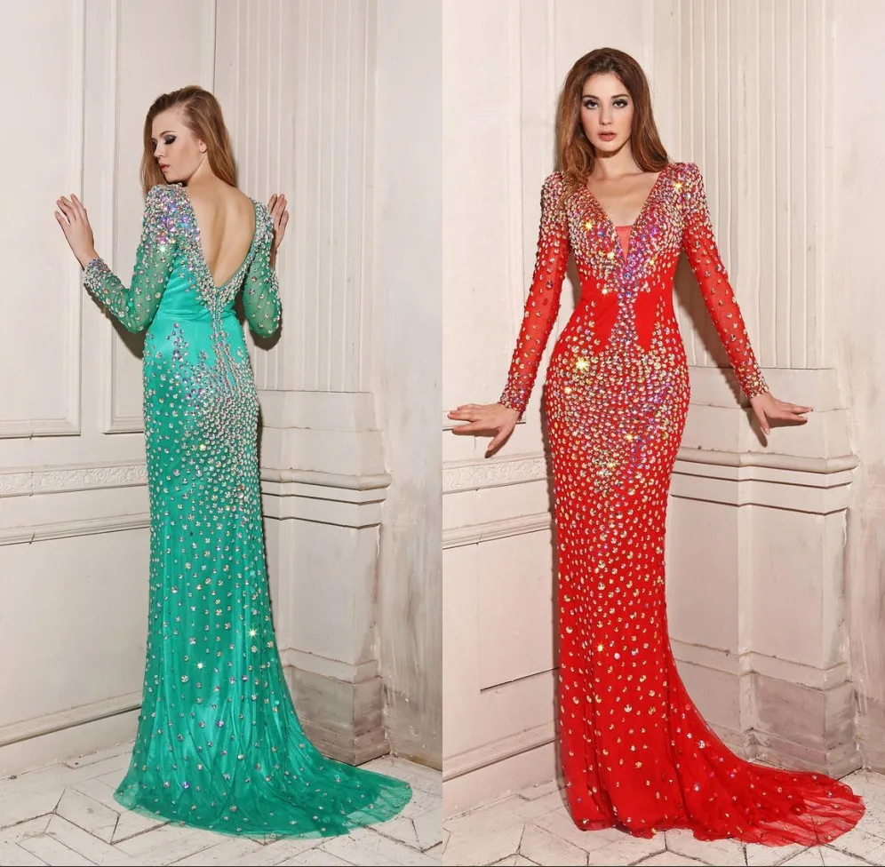Hot Sell Celebrity Evening Dresses with Sexy Luxury Bling Beaded Stones Deep V Neck Sheer Long Sleeve Backless Mermaid Prom Dresses 2015