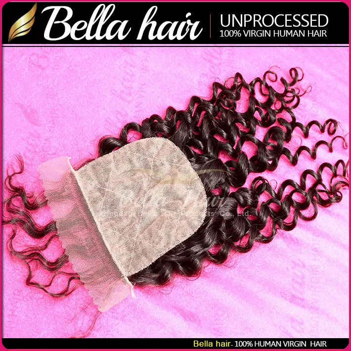 Silk Base Lace Human Hair Top Full Closure Piece 4x4 Curl Wavy Hidden Fake Scalp Knots Free Part Virgin Brazilian Hair Curly Wave Natural Looking Bella Hair Trending