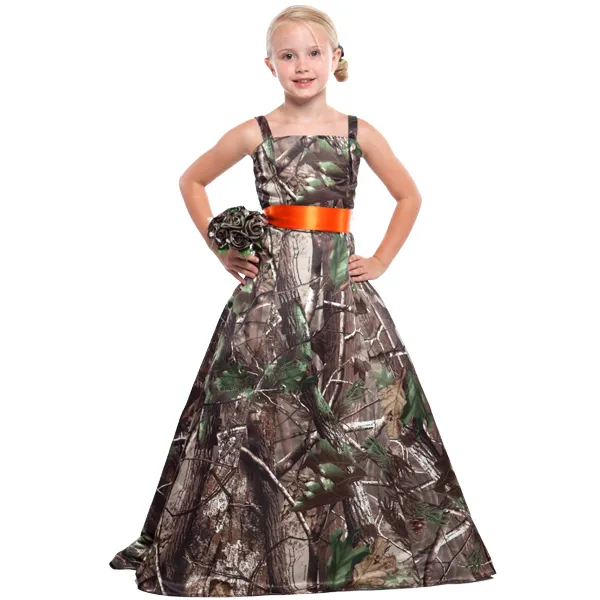 Camo Flower Girls Dresses For Weddings Spaghetti Elastic Satin Princess Floor Length Junior Bridesmaid Dresses Country Flower Girls Dresses