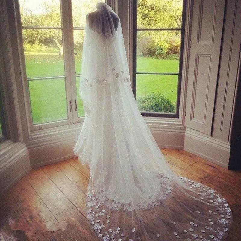Ivory Cathedral Wedding Veil Elegant Satin Flower Bridal  display picture 1