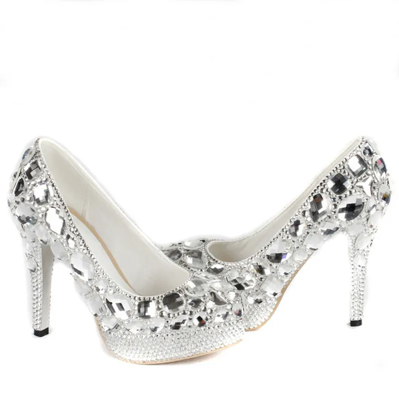 Luxurious Evening Shoes Silver Platform Crystal Shoes Party Gown High Heels Handmad Diamond Rhinestone Bridal Party Shoes Prom208d