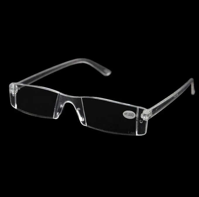 남성 여성 명확한 독서 안경, 투명 플라스틱 림이없는 장례식 포켓 리더, 노화하는 사람들을위한 + RX 광섬유 안경 1.00-4.00 디옵터