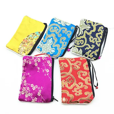 Small Bells Mini Zipper Gift Bag for Jewelry Packaging Reusable Silk brocade Storage Pouches Cute Coin Purse Card Holder mix color