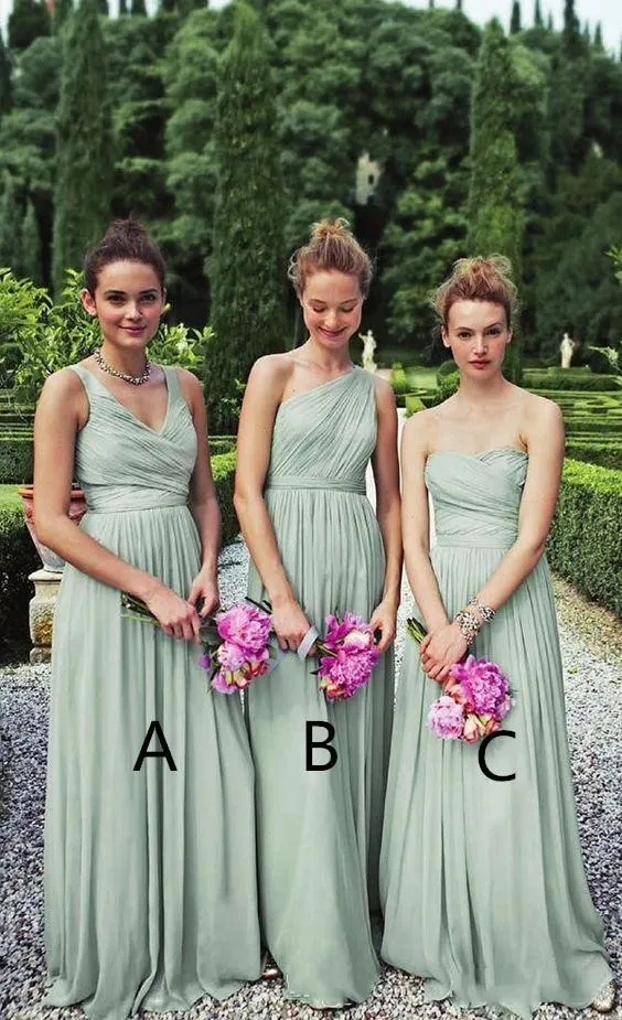 A Line long bridesmaid dresses Ruffle Prom Party Gowns Sleeveless One Shoulder Strapless V Neck Ruched Chiffon Maid of Honor Dresses Custom