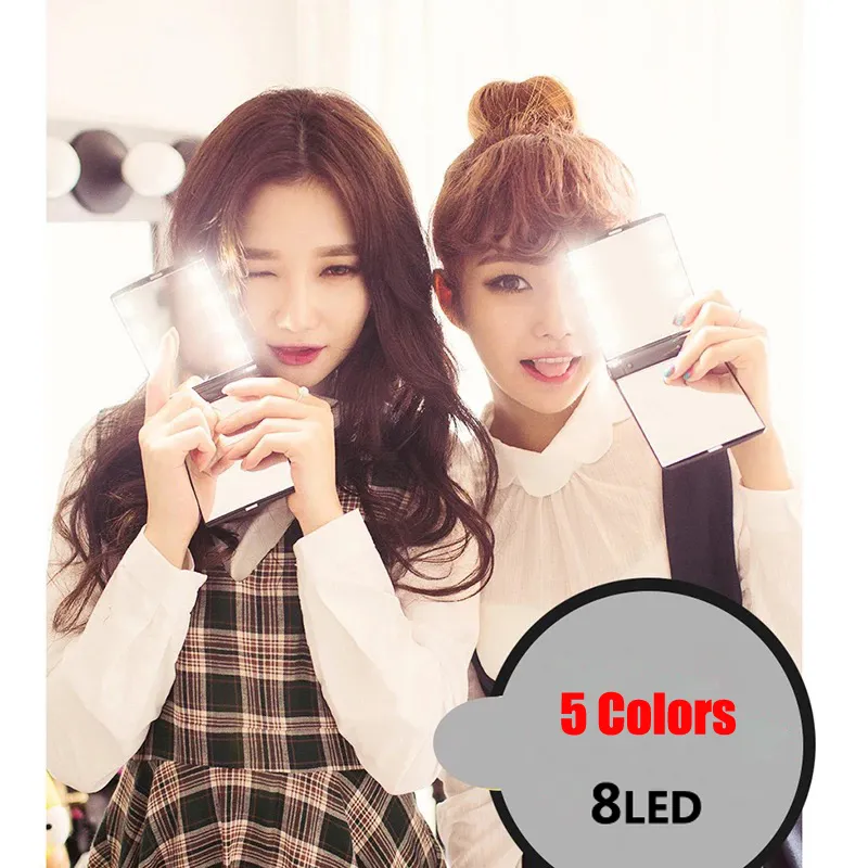 Fashion Women Ladies Make Up Mirror Cosmetic Folding Portable Compact Pocket with 8 LED Lights Makeup Tool Nice Gift