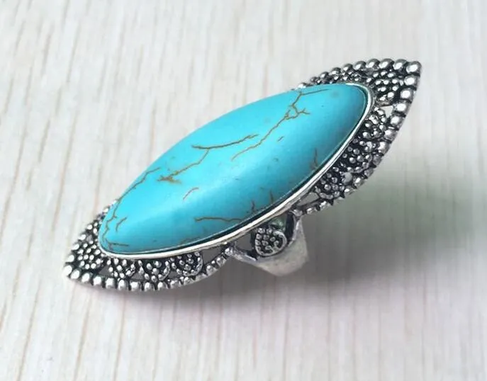 Mode Vintage Bohemian Turquoise Ringen voor Vrouwen Antiek Zilver Legering Carving Ring Gypsy Bobo Beach Jewelry Groothandel 12 stks