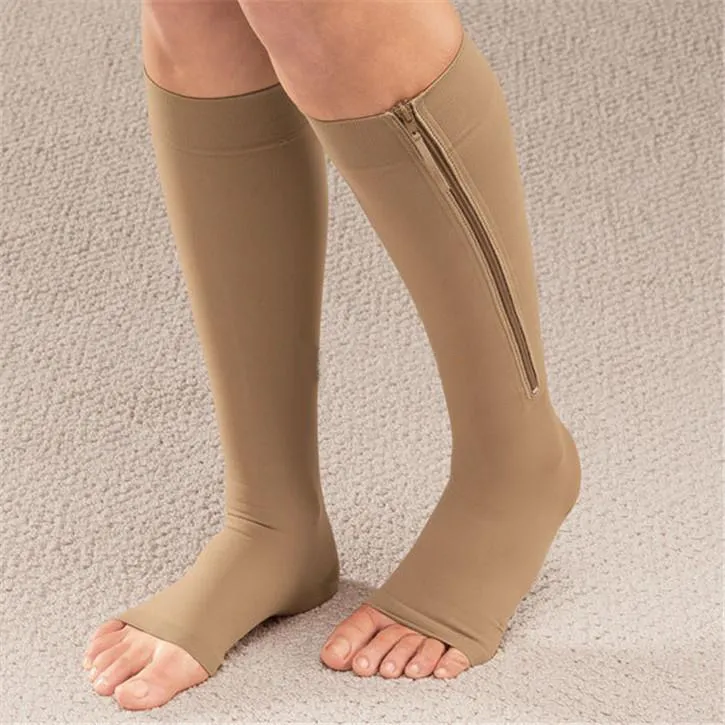 Zip Sox ZipUp Zippered Compression Knee Socks Supports Stockings Leg Open Toe Shaper Black and Beige by DHL lot14144636329677