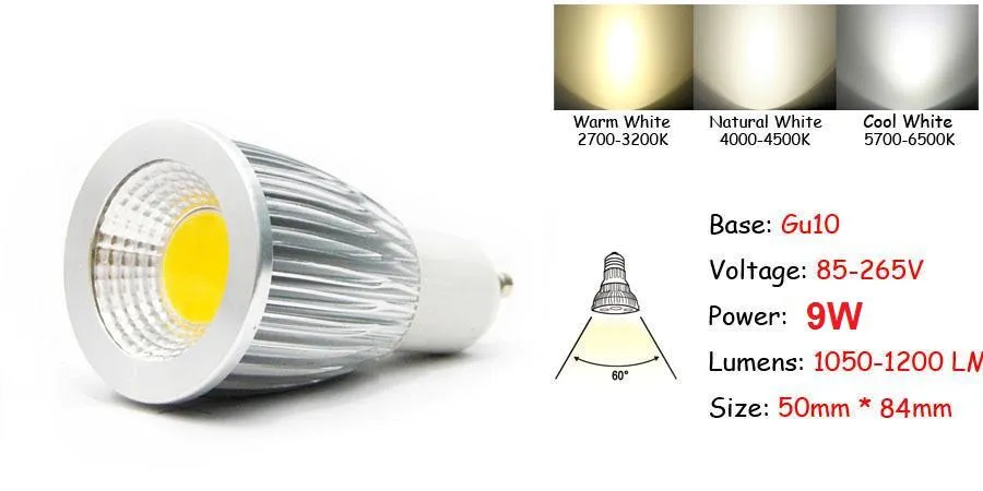 LED Spotlight Super Bright COB GU10 LED 9W Żarówki Światła 60 Kąt Ściemniany E27 E26 E14 MR16 Ciepłe / czyste / chłodne białe