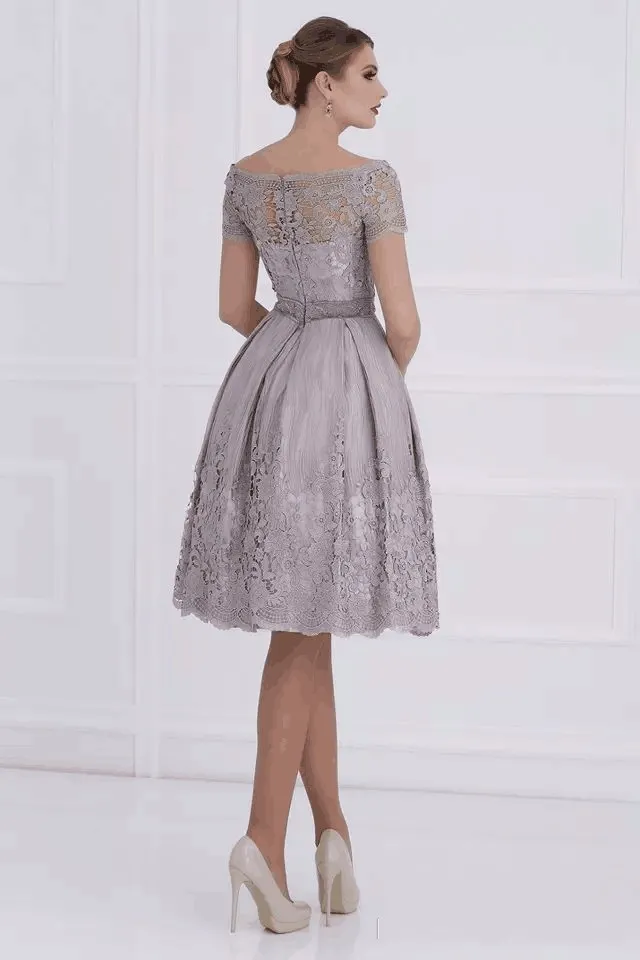 lace knee length mother of bride dresses bateau short sleeves aline mother of groom dresses elegant evening dresses