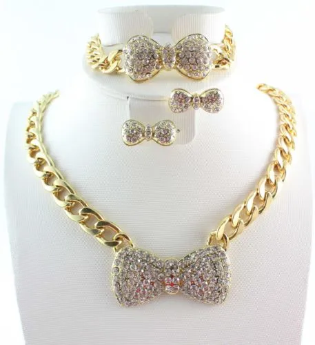 Ensembles de bijoux plaqués or à la mode Chunky Chain Full Strass Bow Collier Bracelet Boucle d'oreille pour les femmes