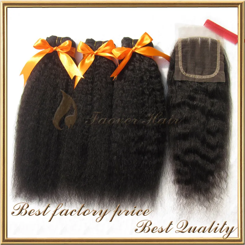 Top Brasilianska Virgin Hair Natural Color Kinky Straight Coarse Yaki 3 st Hårväv med Lace Top Stäng 4st