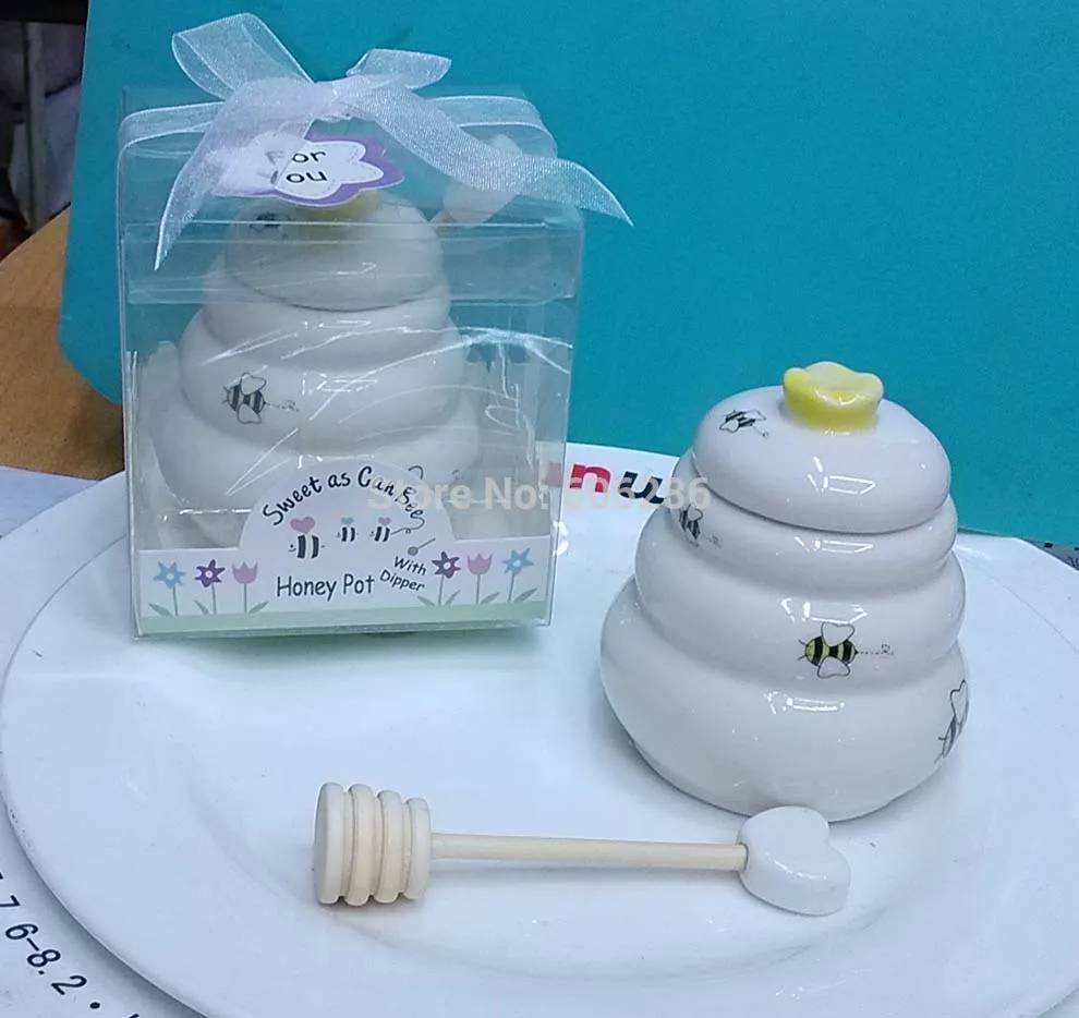 свадебные сувениры для гостей "предназначены для пчелы" керамический горшок меда с деревянной ковшом, партия событие выступает 80 шт. Оптовая