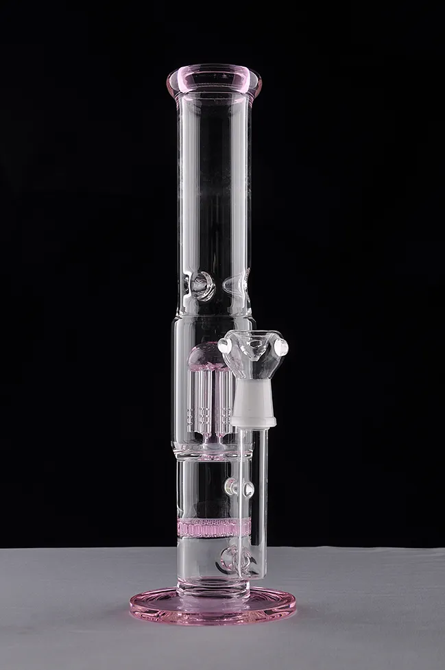 Rosa färgglada höga raka tjocka glas bongs is hack 2 funktion glas bong glas vatten rör rökrör dubbla perc vattenpipa 18 mm