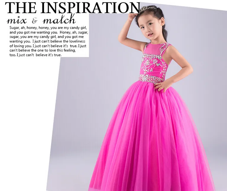 Wedding Party Jewel Neck Beaded Long Flower Girl Dresses Pleated Tulle Ruffled Floor Length Ball Gown Lace up Little Girl Birthday Dress