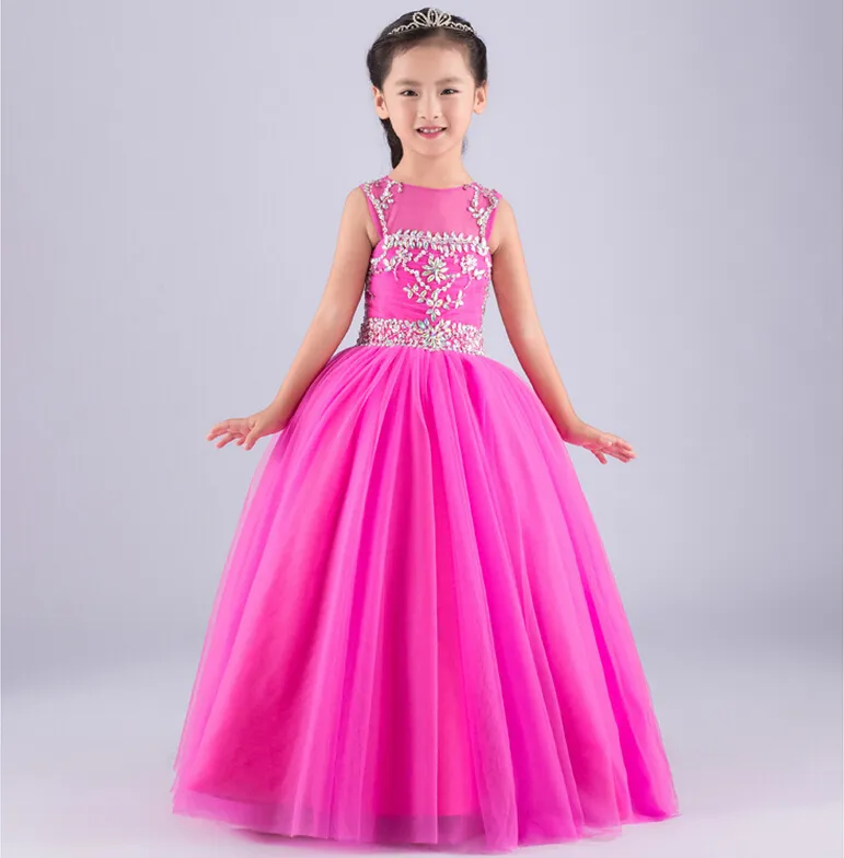 Wedding Party Jewel Neck Beaded Long Flower Girl Dresses Pleated Tulle Ruffled Floor Length Ball Gown Lace up Little Girl Birthday Dress