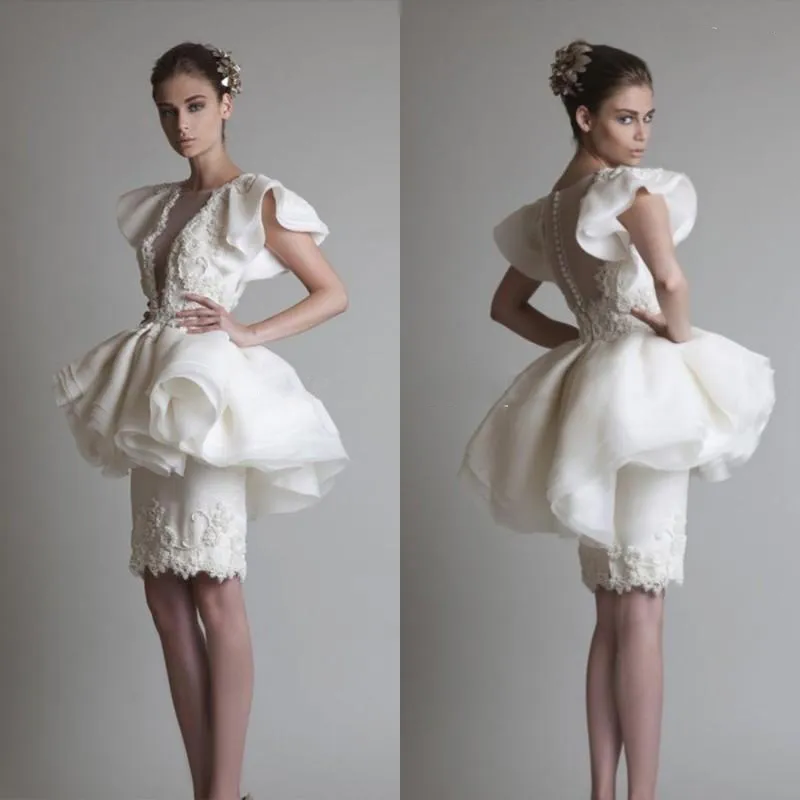 Krikor Jabotian Krótkie suknie ślubne Trumpet Rękawy Aplikacje Organza Sheath Długość kolana Peplum Krótkie Promdresse Backless Suknie Ślubne