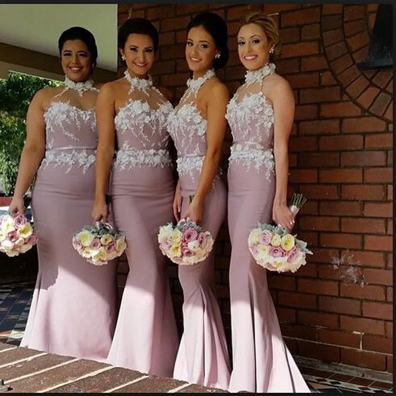 Gorgeous Bridesmaid Dresses Mermaid Wedding Party Maid of Honor Gowns with High Neck Lace Appliques Sash and Open Back Sweep Train