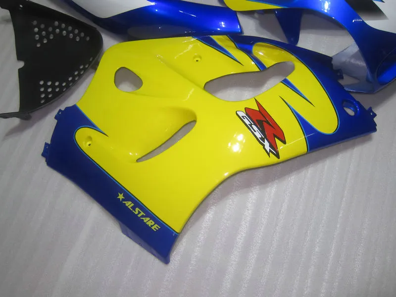 ABS Full Fairing Kit för Suzuki GSXR600 GSXR750 1996 1997 1998 1999 2000 GSXR 600 750 96-00 Gula blåa svarta plastfeudningar GB25