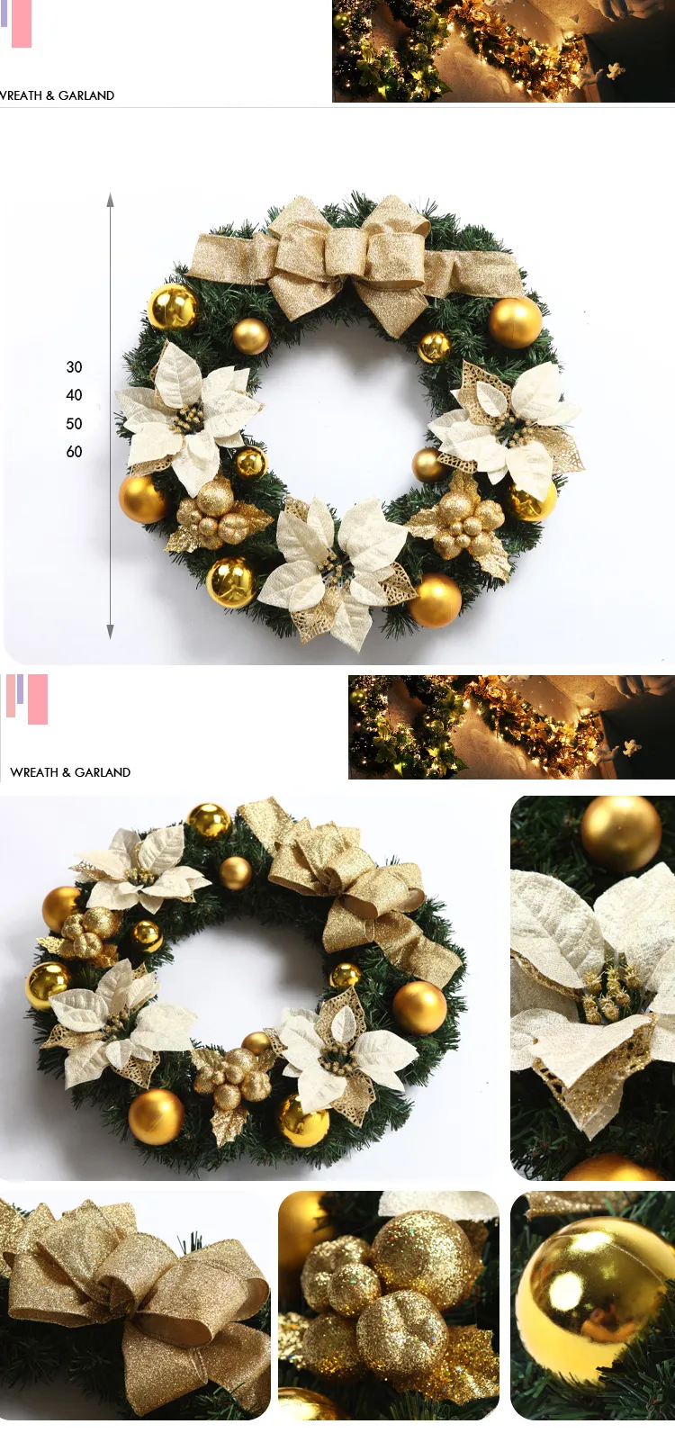 45cm diameter golden christmas decorative flower wreath Christmas Garland Gift for home garden and hotel